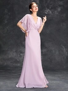 Surplice Neck Split Thigh Dress - Pink - View 4