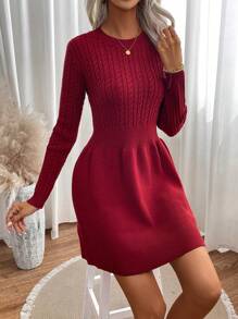 SHEIN Essnce Solid Cable Knit A-line Sweater Dress - Burgundy - View 7