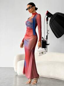 SHEIN Privé 紮染褶邊網紗洋裝帶圍巾 - 彩色 - 查看 6