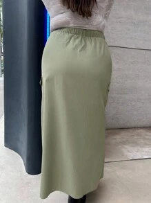 SHEIN Essnce Plus Drawstring Waist Split High Hem Cargo Skirt - Green - View 2