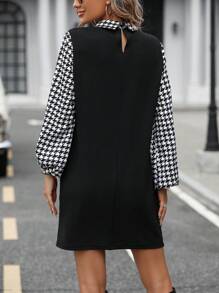 EMERY ROSE Women's Houndstooth Solid Color Minimalist Casual Dress - Black and White - View 2