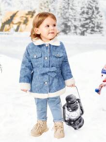 SHEIN Infant Girls' Casual Thermal Lined Long Coat With Lapel Collar And Belt
