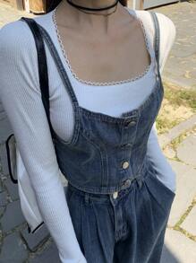 DAZY 純色帶扇貝邊的肋織t恤 - 白色 - 查看 7