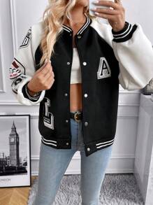 SHEIN Letter Graphic Patched Detail Striped Trim Drop Shoulder Varsity Jacket,Ladies Spring/Fall Casual Button,Patched Drop Shoulder Baseball Collar Regular Fit Multicolor Colorblock,Letter Women Jackets,Casual Daily Wear - Multicolor - View 6