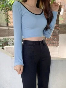 DAZY Của phụ nữ Viền tương phản Ngắn Quần skinny Áo thun - Màu xanh lam - Xem 4