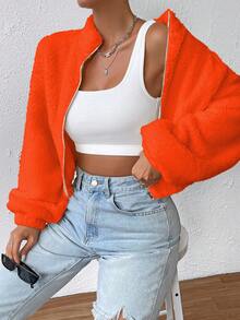 SHEIN EZwear Drop Shoulder Zip Up Teddy Jacket - Orange - View 4