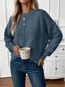 SHEIN Clasi Seam Detail Drop Shoulder Sweater - Dusty Blue - View 3