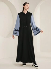 Seusyu In Khẩu hiệu tay áo lá sen Dây rút Đầm có mũ - Nhiều màu - Xem 1