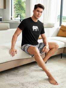 1pc Elephant Print Sleep Tee & 1pc Sleep Pants - Black - View 6
