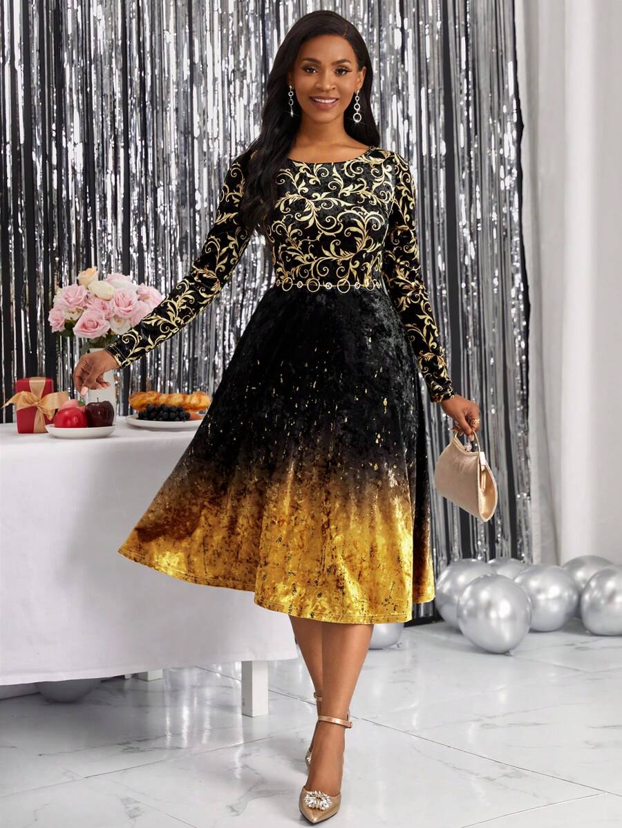 SHEIN Lady 燙金花朵印花漸變圖案A字洋裝 - 彩色 - 查看 1