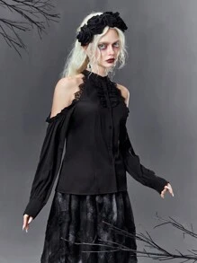 ROMWE Goth 挖肩前紐扣襯衫不附腰帶 - 黑色 - 查看 3