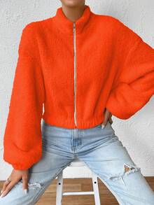 SHEIN EZwear Drop Shoulder Zip Up Teddy Jacket - Orange - View 3