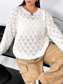 Flirla Suéter de Tricô Plus Size com Buracos Texturizados, Estilo Pullover Outono Inverno - Branco - Visão 5