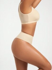 SHAPORA Women's Apricot Knitted Fabric Plain Casual Comfy Medium Stretch Bra And Panties Set Hip And Booty Lifting Lifts And Supports Bust Shapewear Set - Apricot - View 4