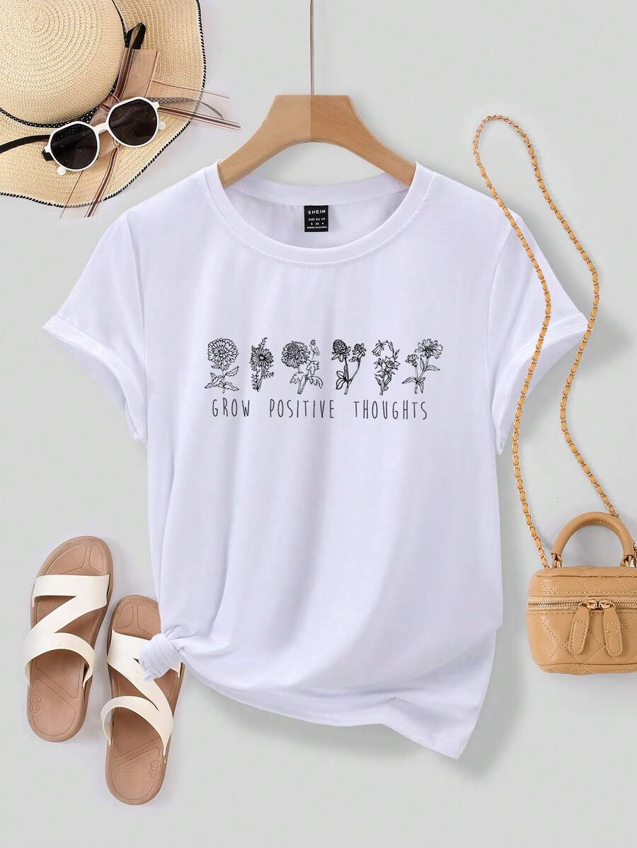 SHEIN Essnce Floral & Letter Graphic Tee - White - View 1