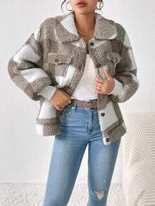 SHEIN Frenchy 大方格圖案翻蓋口袋落肩袖絨毛外套 - 彩色 - 查看 4