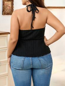 Calvaya Talla grande Top halter de espalda abierta con cordón bajo hanky - Negro - Ver 2