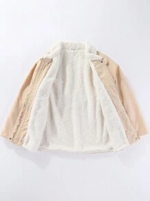 SHEIN Young Girl Borg Collar Fuzzy Lined Coat - Khaki - View 3