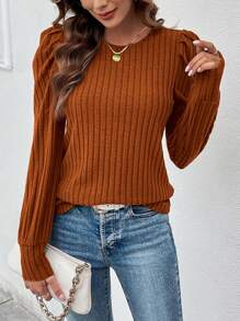 SHEIN Clasi Camiseta unicolor de manga farol tejido de canalé