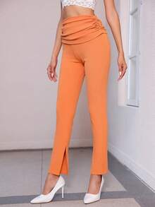 SHEIN Clasi 素色抽褶腰下擺開叉長褲 - 橘色 - 查看 3