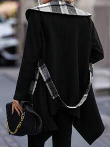 SHEIN LUNE Abrigo de cuadros en contraste con estampado con capucha con cinturón - Gris - Ver 3