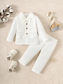 2 piezas Conjunto de ropa de bautizo para niños pequeños, chaqueta 2 en 1, camisa de manga larga, pantalón largo - Blanco - Ver 1
