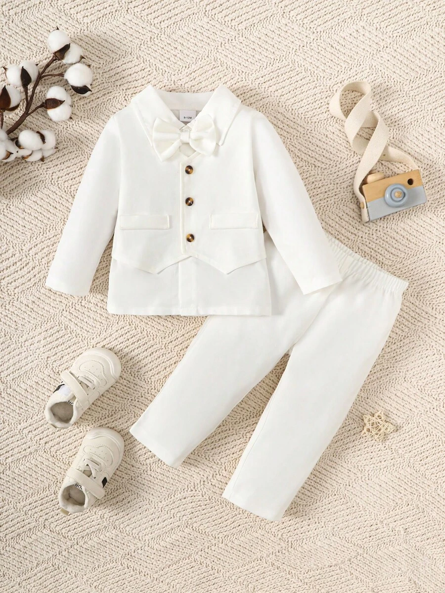 2 piezas Conjunto de ropa de bautizo para niños pequeños, chaqueta 2 en 1, camisa de manga larga, pantalón largo - Blanco - Ver 1