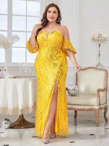 Hơn Off Shoulder Tách đùi Kim sa Ăn mặc trang trọng - Màu vàng - Xem 1