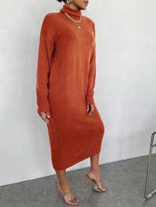 SHEIN Essnce 高領落肩袖毛衣洋裝不附腰帶 - 橘色 - 查看 4