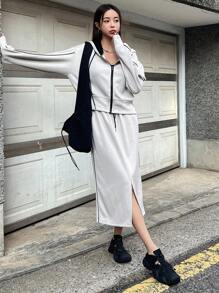 Dazy Star 拼接滾邊拉鏈開襟抽繩連帽衫和開衩短裙 - 淺灰色 - 查看 4