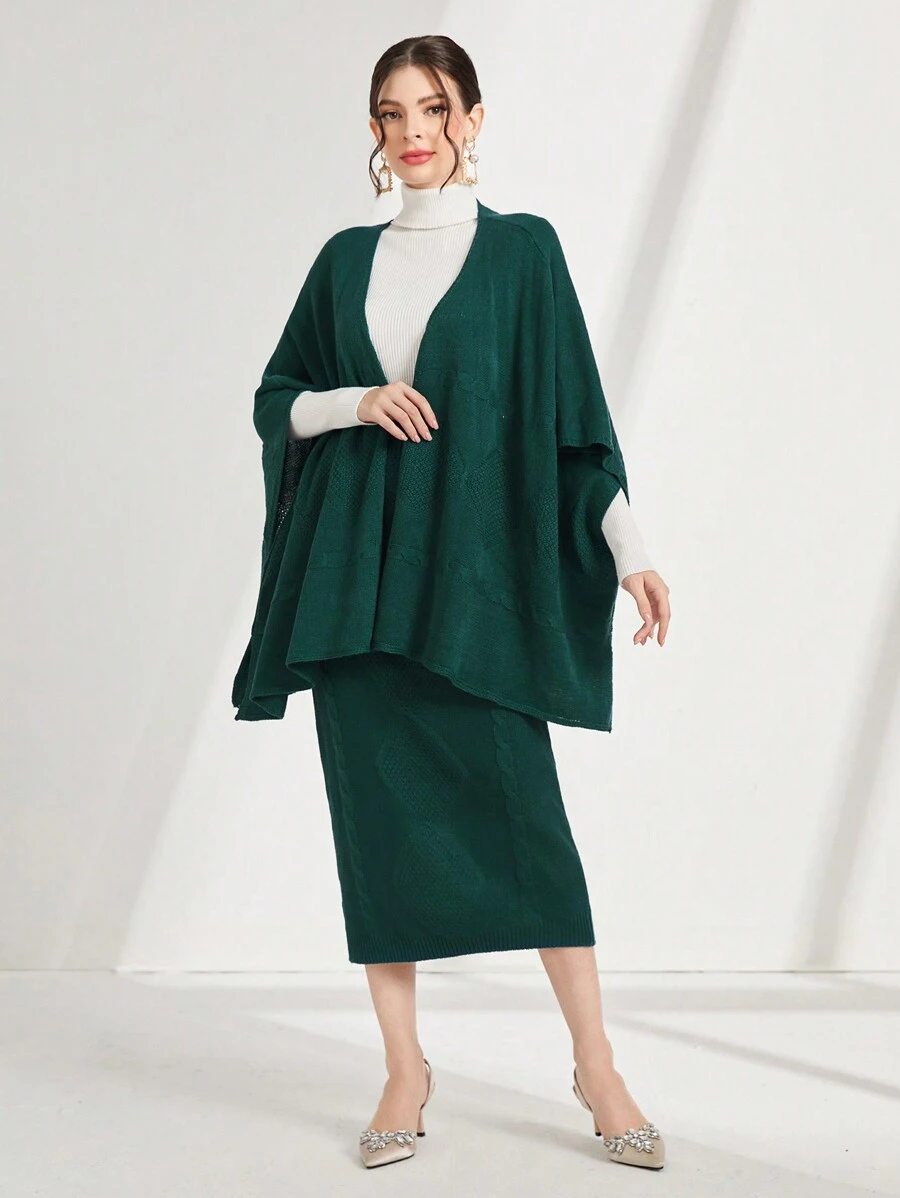 Seusyu 蝙蝠袖开衫 & 针织裙两件套 - 墨綠色 - 查看 1
