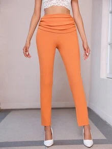 SHEIN Clasi 素色抽褶腰下擺開叉長褲 - 橘色 - 查看 4