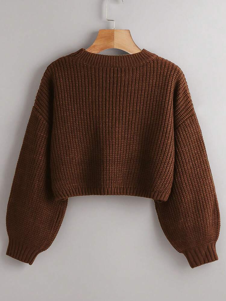 Solid Drop Shoulder Crop Sweater,Long Sleeve Tops Knit Pullover Fall Winter Sweater