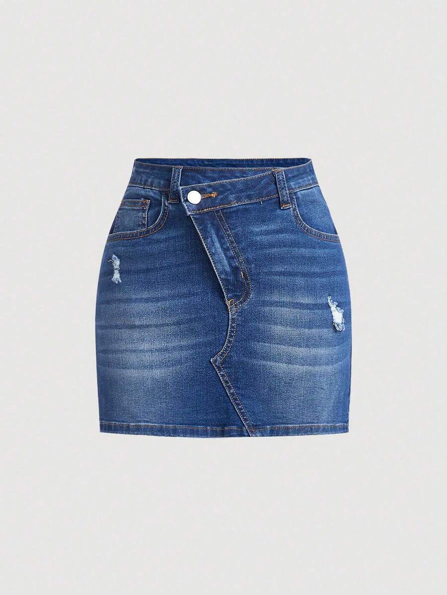 SHEIN Teen Girl Overlap Waist Ripped Denim Skirt - Medium Wash - View 1