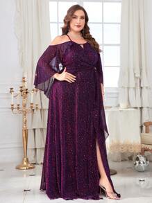 Plus Cold Shoulder Ruffle Trim Draped Side Glitter Formal Dress - Purple - View 5