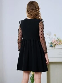 SHEIN Girls Dobby Mesh Puff Sleeve Bow Side Dress - Black - View 2