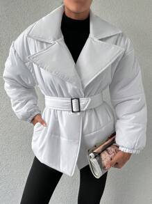 EURMUSE Lapel Neck Drop Shoulder Belted Puffer Coat - White - View 1