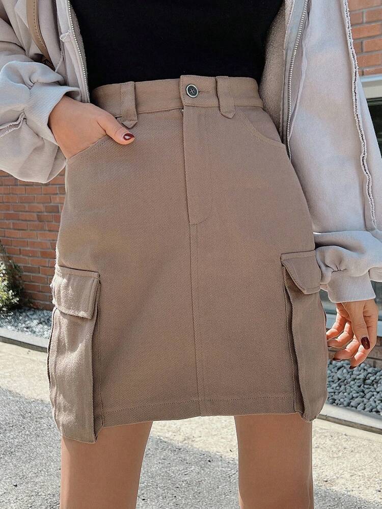 Flap Pocket Side Cargo Skirt,Pencil Skirt