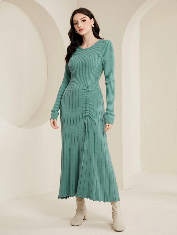 Drawstring Front Lettuce Trim Sweater Dress