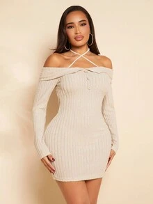 SHEIN SXY Crisscross Halter Neck Bodycon Dress - Apricot - View 6