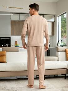 男士纯色 T 恤和裤子睡衣套装 / 睡衣套装 - 卡其色 - 查看 3