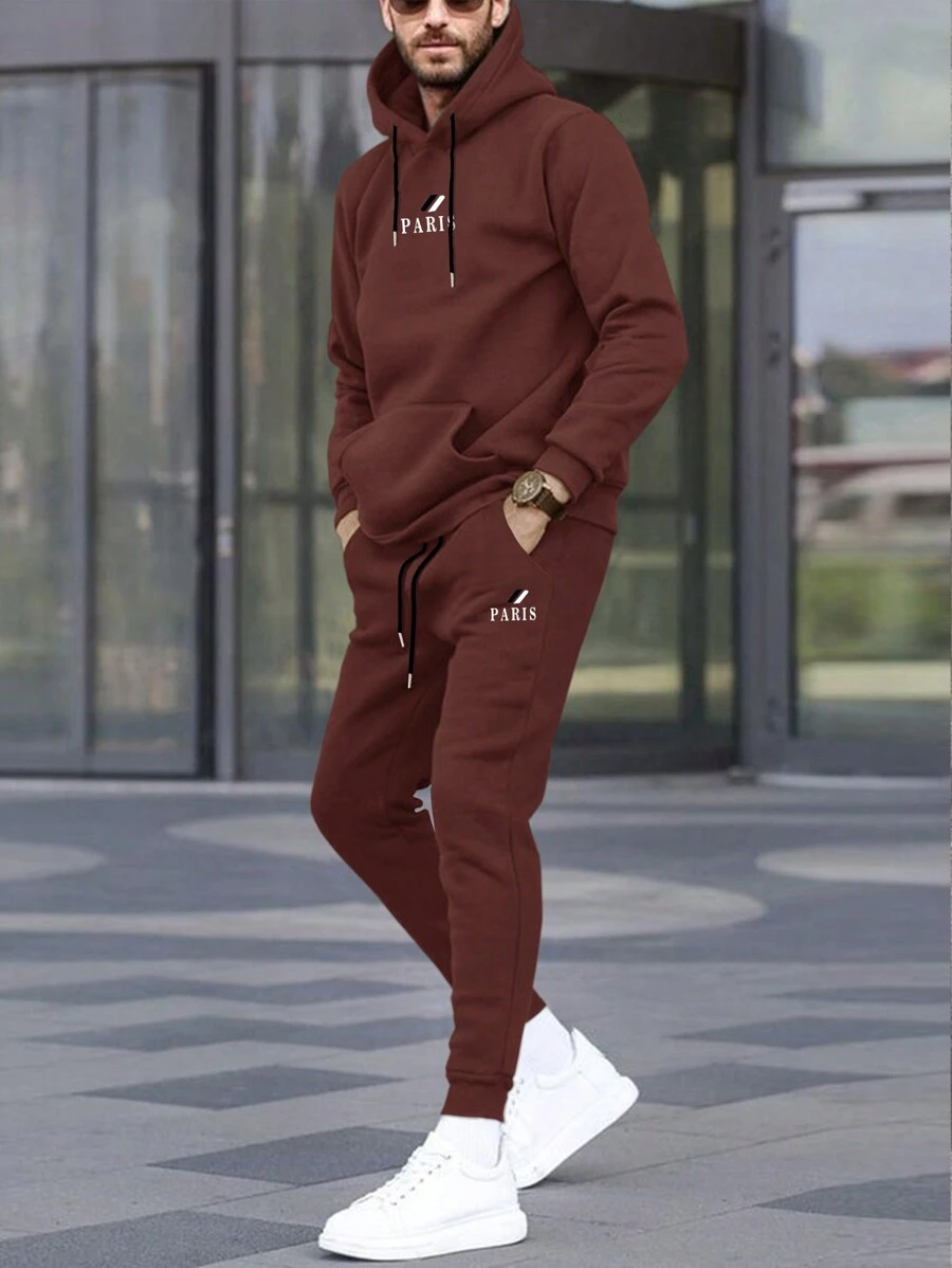 Manfinity Homme Men Letter Graphic Kangaroo Pocket Drawstring Hoodie & Sweatpants - Coffee Brown - View 1