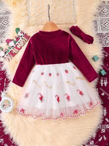 Conjunto de camiseta con estampado de letras para bebé niña, con vestido de malla bordado con elementos navideños y banda para el cabello - Multicolor - Ver 2