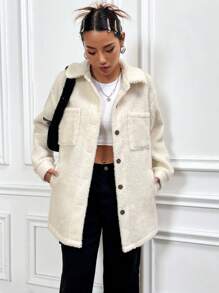 SHEIN LUNE Dual Pocket Drop Shoulder Teddy Coat - White - View 5