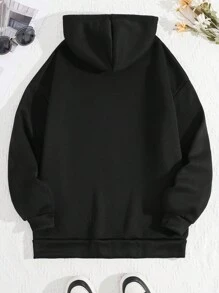 SHEIN EZwear Tree & Letter Graphic Kangaroo Pocket Drawstring Thermal Hoodie - Black - View 2