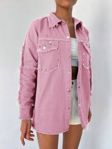 Cottnline Studded Detail Flap Pocket Denim Jacket - Pink - View 4