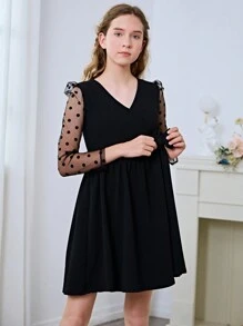 SHEIN Girls Dobby Mesh Puff Sleeve Bow Side Dress - Black - View 7