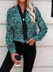 SHEIN LUNE Allover Print Contrast Trim Lantern Sleeve Blouse - Dark Green - View 4