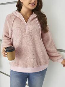 SHEIN LUNE Áo nỉ kiểu Teddy cỡ lớn, khóa kéo nửa thân, vai rớt, dây rút. - Bụi hồng - Xem 5