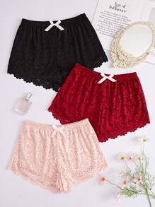 3pcs Floral Lace Bow Front Sleep Shorts - Multicolor - View 1